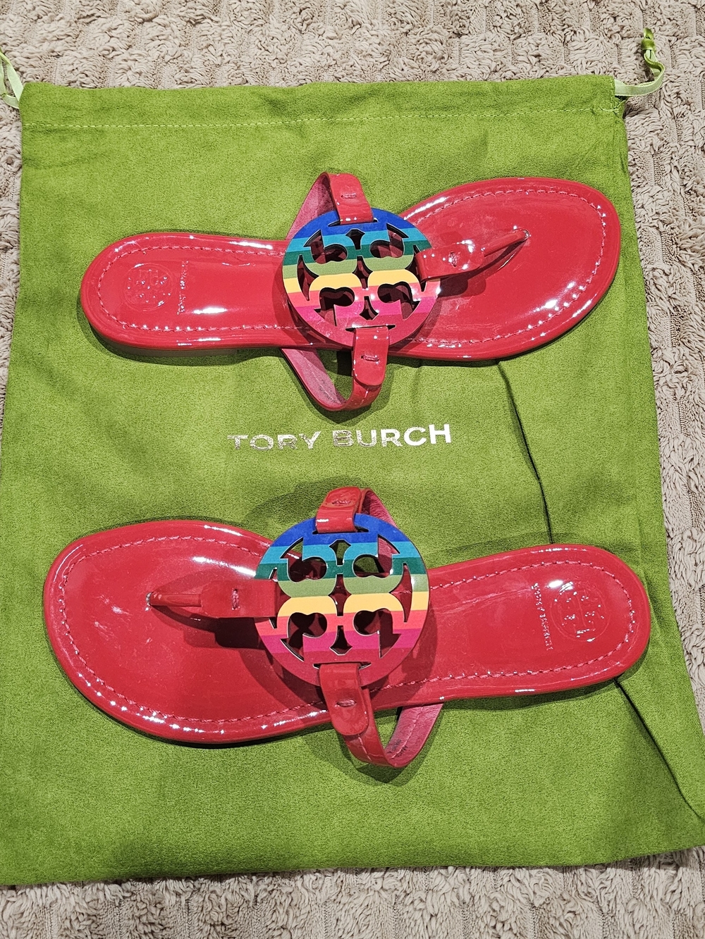 Tory Burch Red Patent Miller Sandals with Rainbow Logo